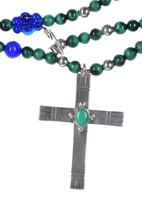 Southwestern Handmade Sterling Malachite and glass rosary cross pendant - Estate Fresh Austin