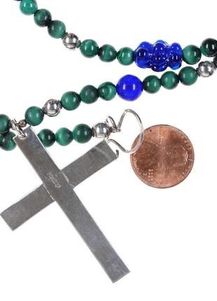 Southwestern Handmade Sterling Malachite and glass rosary cross pendant - Estate Fresh Austin