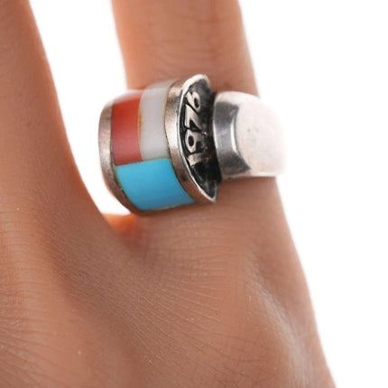 Southwestern Sterling Multi-stone channel inlay 1976 Bicentennial Patriotic ring - Estate Fresh Austin