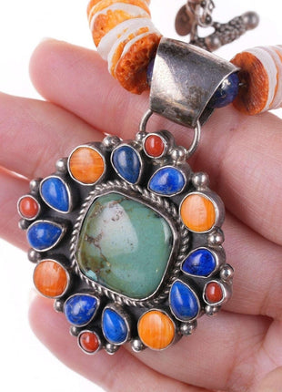 Southwestern sterling spiny oyster, lapis, and turquoise pendant and beaded neck - Estate Fresh Austin