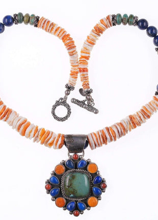 Southwestern sterling spiny oyster, lapis, and turquoise pendant and beaded neck - Estate Fresh Austin