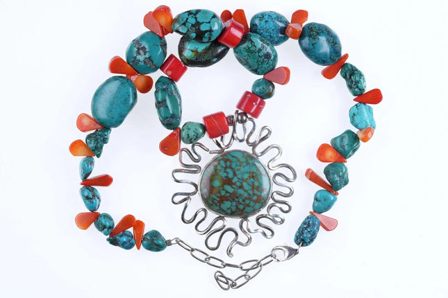 Southwestern Style sterling Turquoise/coral necklace - Estate Fresh Austin