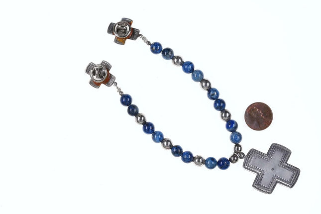 Southwestern style Sterling/Lapis beaded Cross pin thingy - Estate Fresh Austin
