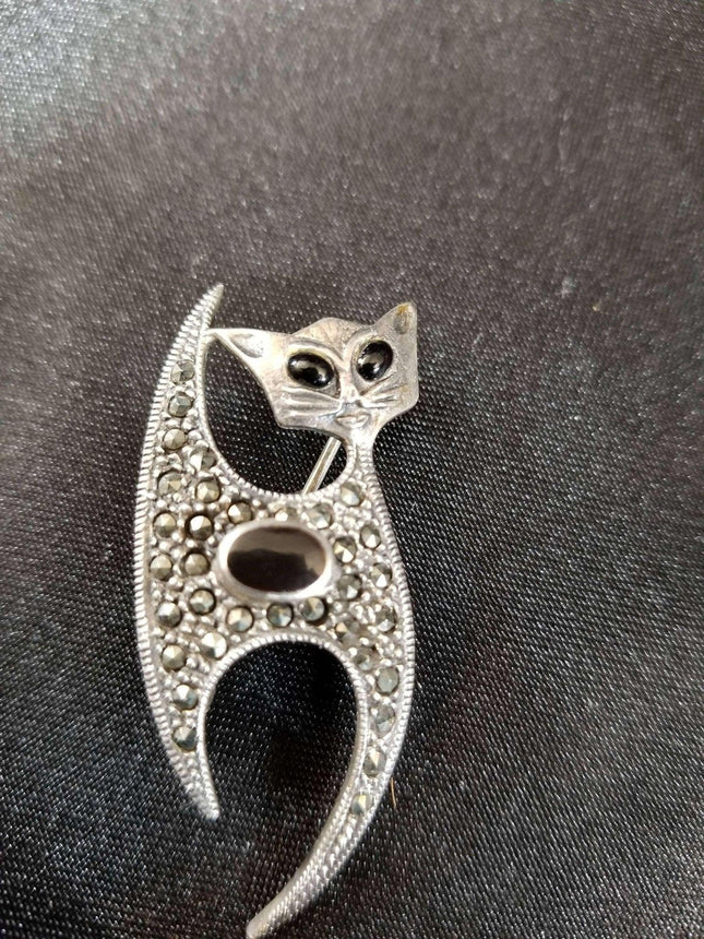 Sterling Cat Brooch Onyx and Marcasite Art Deco Mid Century Pin pin - Estate Fresh Austin