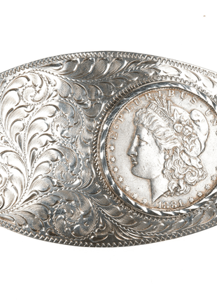 Sterling Frontier Silver Reno Nevada Hand engraved buckle with 1881 Silver dollar - Estate Fresh Austin