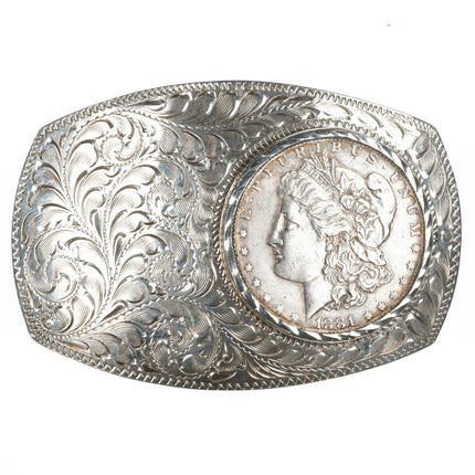 Sterling Frontier Silver Reno Nevada Hand engraved belt buckle 1881 Silver dollar - Estate Fresh Austin