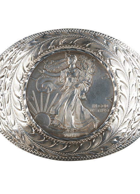 Sterling Frontier Silver Reno Nevada Hand engraved buckle with 2011 Silver dollar - Estate Fresh Austin