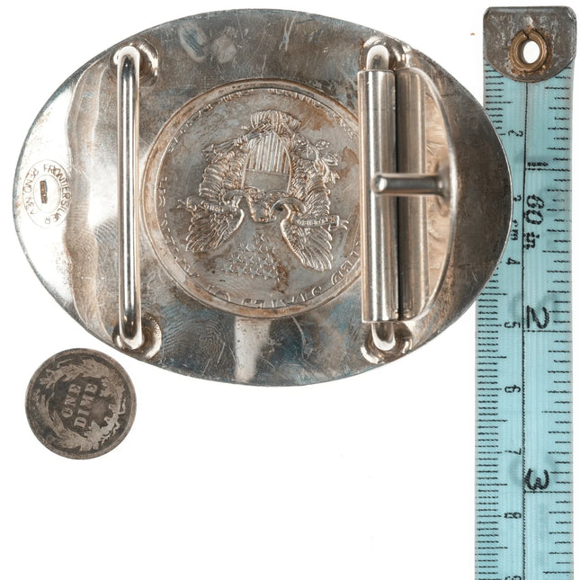Sterling Frontier Silver Reno Nevada Hand engraved belt buckle 2011 Silver dollar - Estate Fresh Austin
