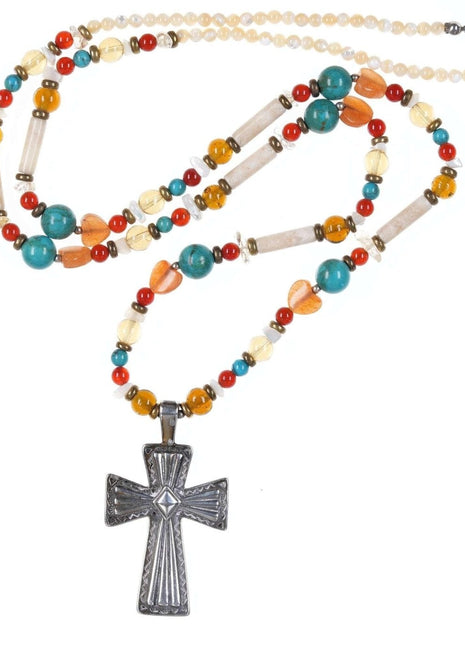 Sterling Rosary Cross with Mutistone necklace - Estate Fresh Austin