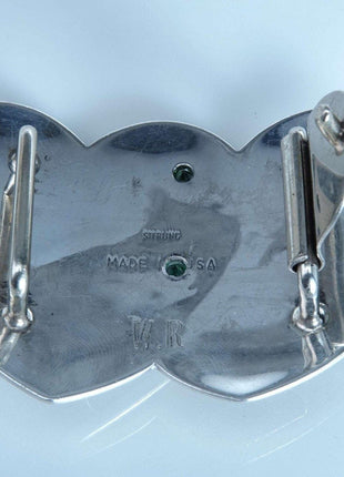 Sterling Silver Emerald and Opal Cowgirl Belt Buckle Double Heart shaped Hand En - Estate Fresh Austin