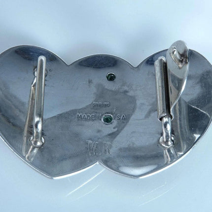 Sterling Silver Emerald and Opal Cowgirl Belt Buckle Double Heart shaped Hand En - Estate Fresh Austin
