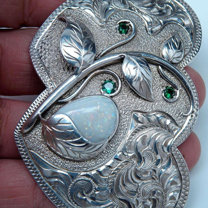 Sterling Silver Emerald and Opal Cowgirl Belt Buckle Double Heart shaped Hand En - Estate Fresh Austin