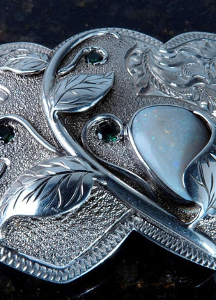 Sterling Silver Emerald and Opal Cowgirl Belt Buckle Double Heart shaped Hand En - Estate Fresh Austin