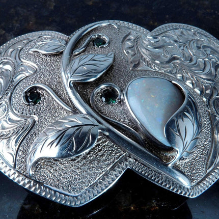 Sterling Silver Emerald and Opal Cowgirl Belt Buckle Double Heart shaped Hand En - Estate Fresh Austin