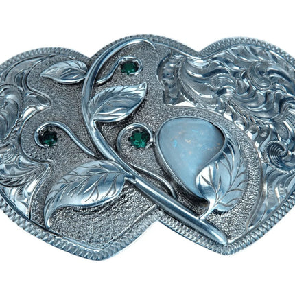 Sterling Silver Emerald and Opal Cowgirl Belt Buckle Double Heart shaped Hand En - Estate Fresh Austin