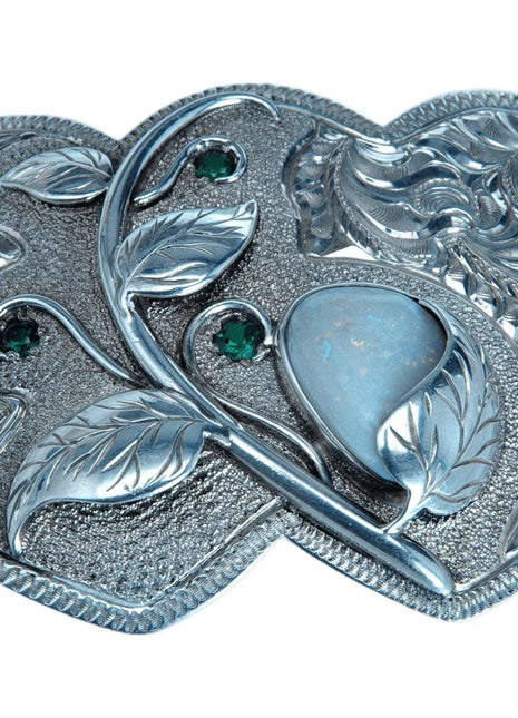 Sterling Silver Emerald and Opal Cowgirl Belt Buckle Double Heart shaped Hand En - Estate Fresh Austin