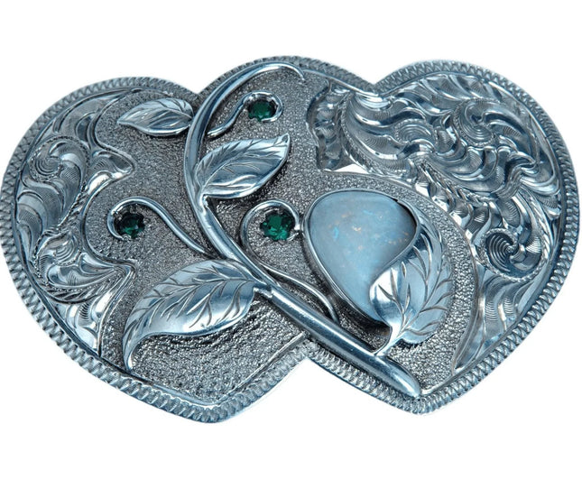 Sterling Silver Emerald and Opal Cowgirl Belt Buckle Double Heart shaped Hand En - Estate Fresh Austin