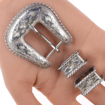 Sterling Sunset Trails Engraved Rope edge 3/4" Belt buckle with two keepers - Estate Fresh Austin