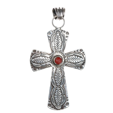 Sterling turquoise/coral double sided southwestern cross pendant - Estate Fresh Austin