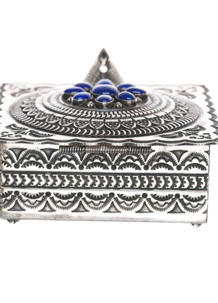 Sunshine Reeves Navajo heavily stamped sterling box with lapis cluster - Estate Fresh Austin