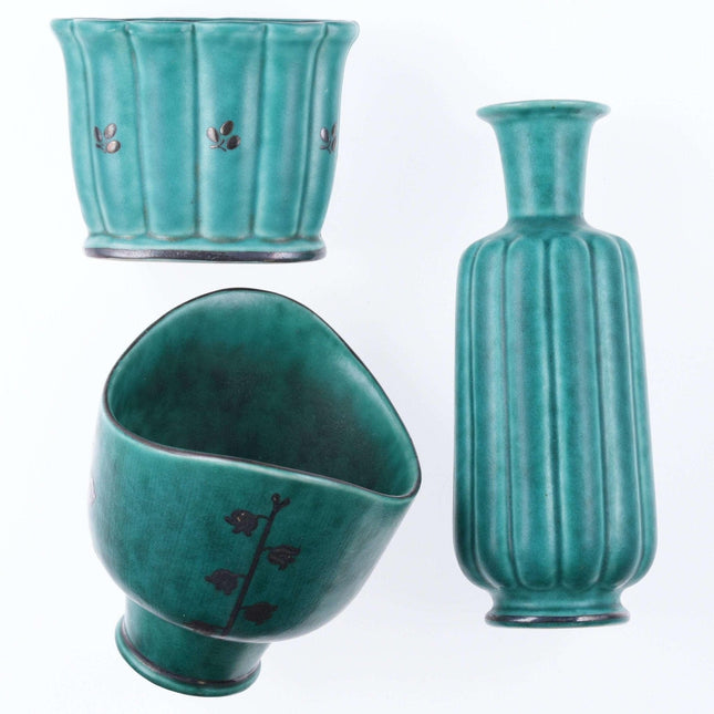 Swedish Gustavsberg Mid Century Sterling overlay green pottery vases - Estate Fresh Austin