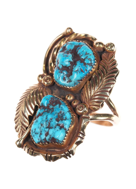 sz 6.5 Anna Begay Navajo 14k gold nugget turquoise feather ring - Estate Fresh Austin