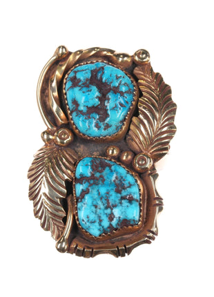 sz 6.5 Anna Begay Navajo 14k gold nugget turquoise feather ring - Estate Fresh Austin