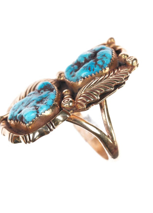 sz 6.5 Anna Begay Navajo 14k gold nugget turquoise feather ring - Estate Fresh Austin