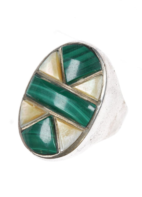 sz10 1970's Native American Sterling malachite and shell channel inlay ring - Estate Fresh Austin