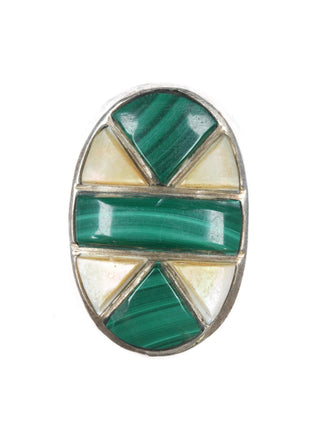 sz10 1970's Native American Sterling malachite and shell channel inlay ring - Estate Fresh Austin