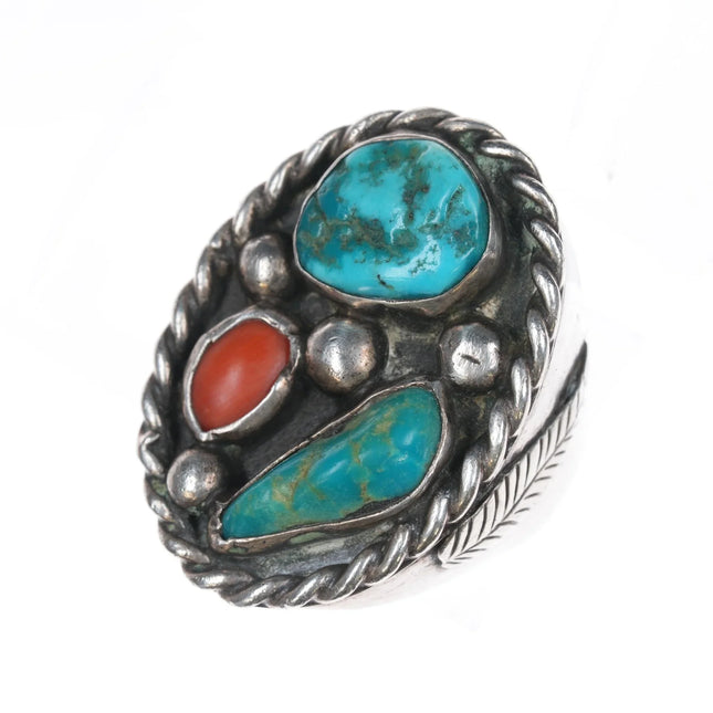 sz10 46gram Huge 1970's Navajo silver, turquoise, and coral ring - Estate Fresh Austin