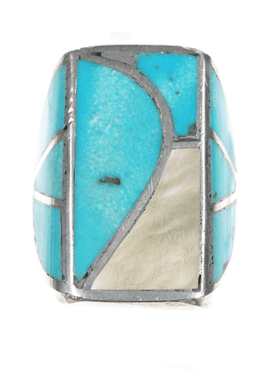 sz10 60's - 70's Zuni sterling turquoise and shell channel inlay ring - Estate Fresh Austin