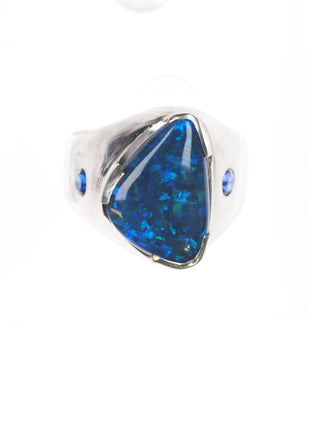 sz10 Estate 18k white gold 6.2ct Black Opal .3cttw Sapphire men's ring - Estate Fresh Austin