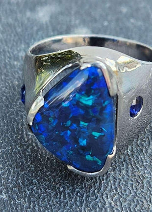 sz10 Estate 18k white gold 6.2ct Black Opal .3cttw Sapphire men's ring - Estate Fresh Austin