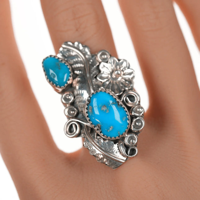 sz10 Harry B Yazzie Navajo larger silver double turquoise ring - Estate Fresh Austin