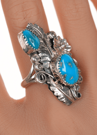 sz10 Harry B Yazzie Navajo larger silver double turquoise ring - Estate Fresh Austin