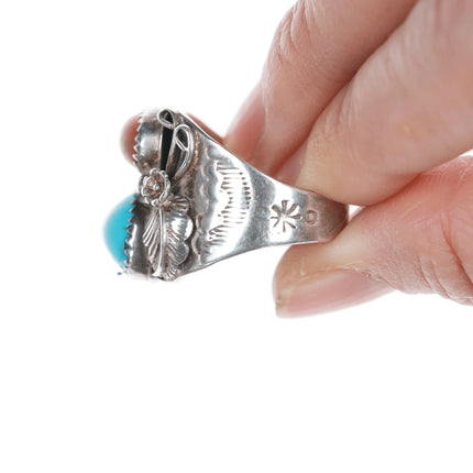 sz10 JM Native American silver turquoise, and coral ring - Estate Fresh Austin