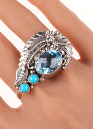 sz10 Running Bear shop Silver, Topaz, and turquoise double finger ring - Estate Fresh Austin