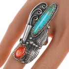 sz10 Super Long Vintage Navajo Turquoise and spiny oyster silver ring - Estate Fresh Austin