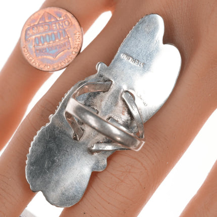 sz10 Super Long Vintage Navajo Turquoise and spiny oyster silver ring - Estate Fresh Austin