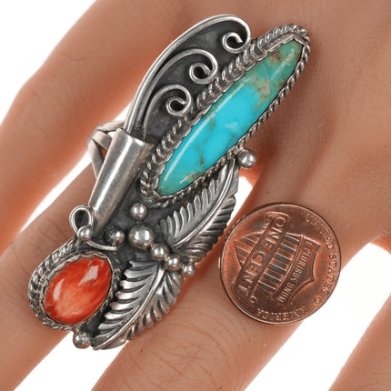 sz10 Super Long Vintage Navajo Turquoise and spiny oyster silver ring - Estate Fresh Austin