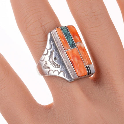 sz10 Vintage Native American sterling multi-stone channel inlay ring - Estate Fresh Austin