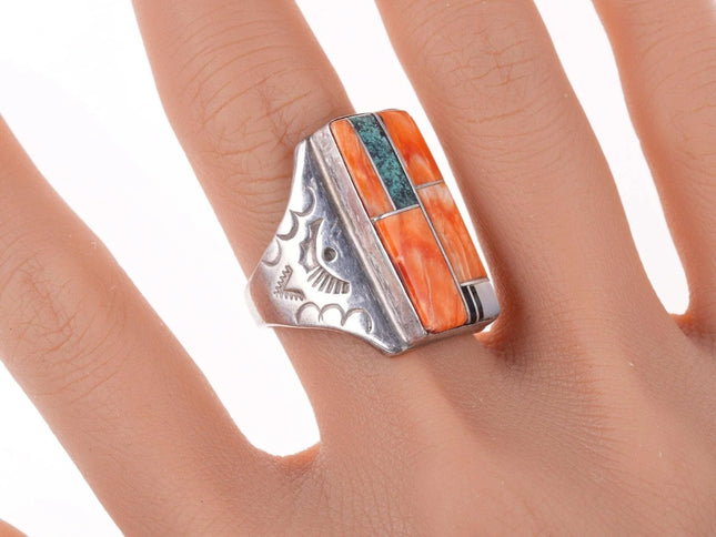 sz10 Vintage Native American sterling multi-stone channel inlay ring - Estate Fresh Austin