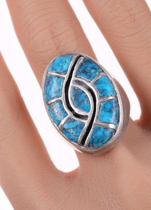 sz10 Zuni Quandelacy spiderweb turquoise Channel inlay hummingbird ring - Estate Fresh Austin