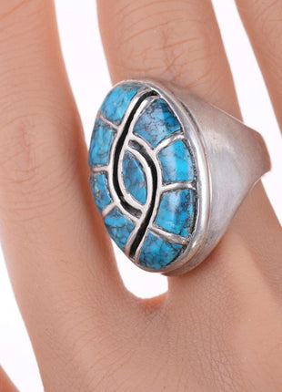 sz10 Zuni Quandelacy spiderweb turquoise Channel inlay hummingbird ring - Estate Fresh Austin