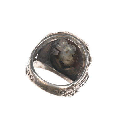 sz10.25 c1940's Navajo hand stamped silver ring with large green turquoise - Estate Fresh Austin