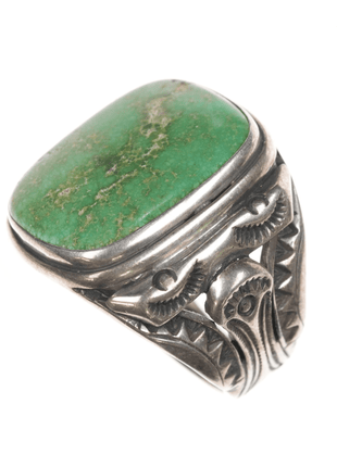 sz10.25 c1940's Navajo hand stamped silver ring with large green turquoise - Estate Fresh Austin