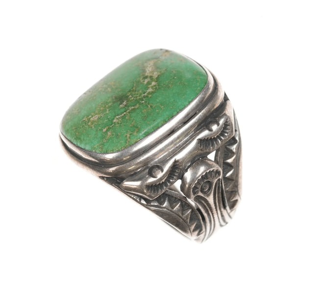 sz10.25 c1940's Navajo hand stamped silver ring with large green turquoise - Estate Fresh Austin