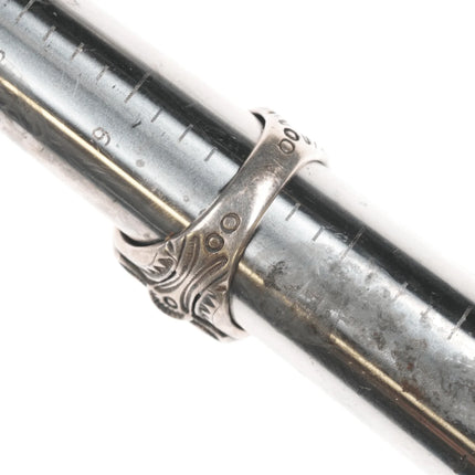 sz10.25 c1940's Navajo hand stamped silver ring with large green turquoise - Estate Fresh Austin