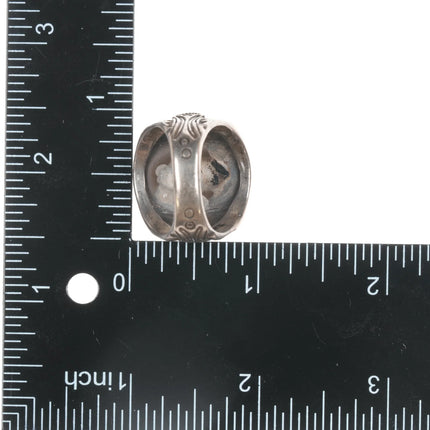 sz10.25 c1940's Navajo hand stamped silver ring with large green turquoise - Estate Fresh Austin